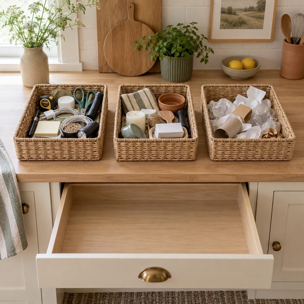 Junk drawer contents sorted into three woven baskets on an oak counter, with things to keep, things to move to another room and trash, above the empty open drawer