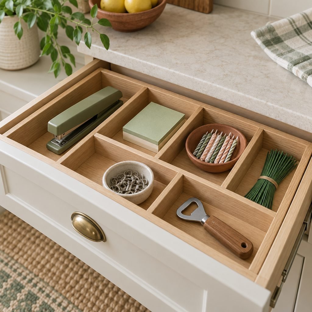 Expandable oak drawer organizer stretched across a kitchen drawer holding a stapler, sticky notes, birthday candles, twist ties, a bottle opener and key rings