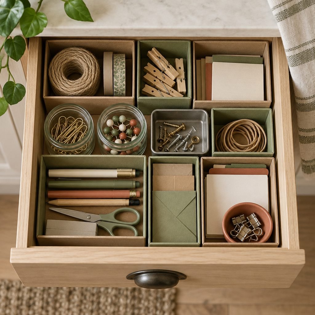 DIY junk drawer organizer made from small kraft and sage paper-covered boxes, glass jars of paper clips and push pins and a small tin of screws, with twine, washi tape, pens and envelopes