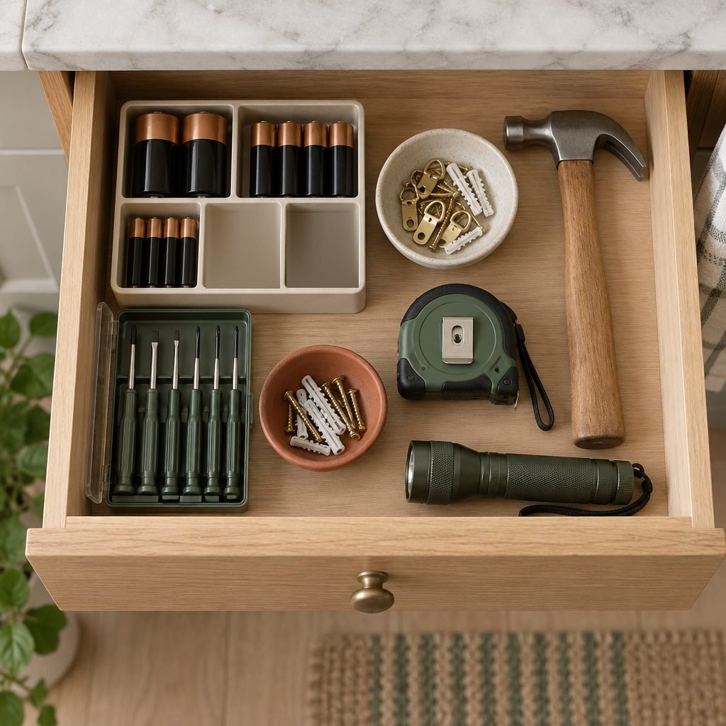 Household tool drawer with a battery tray holding AA and D batteries, a mini screwdriver set, a tape measure, a hammer, a flashlight and small bowls of picture hooks and wall anchors