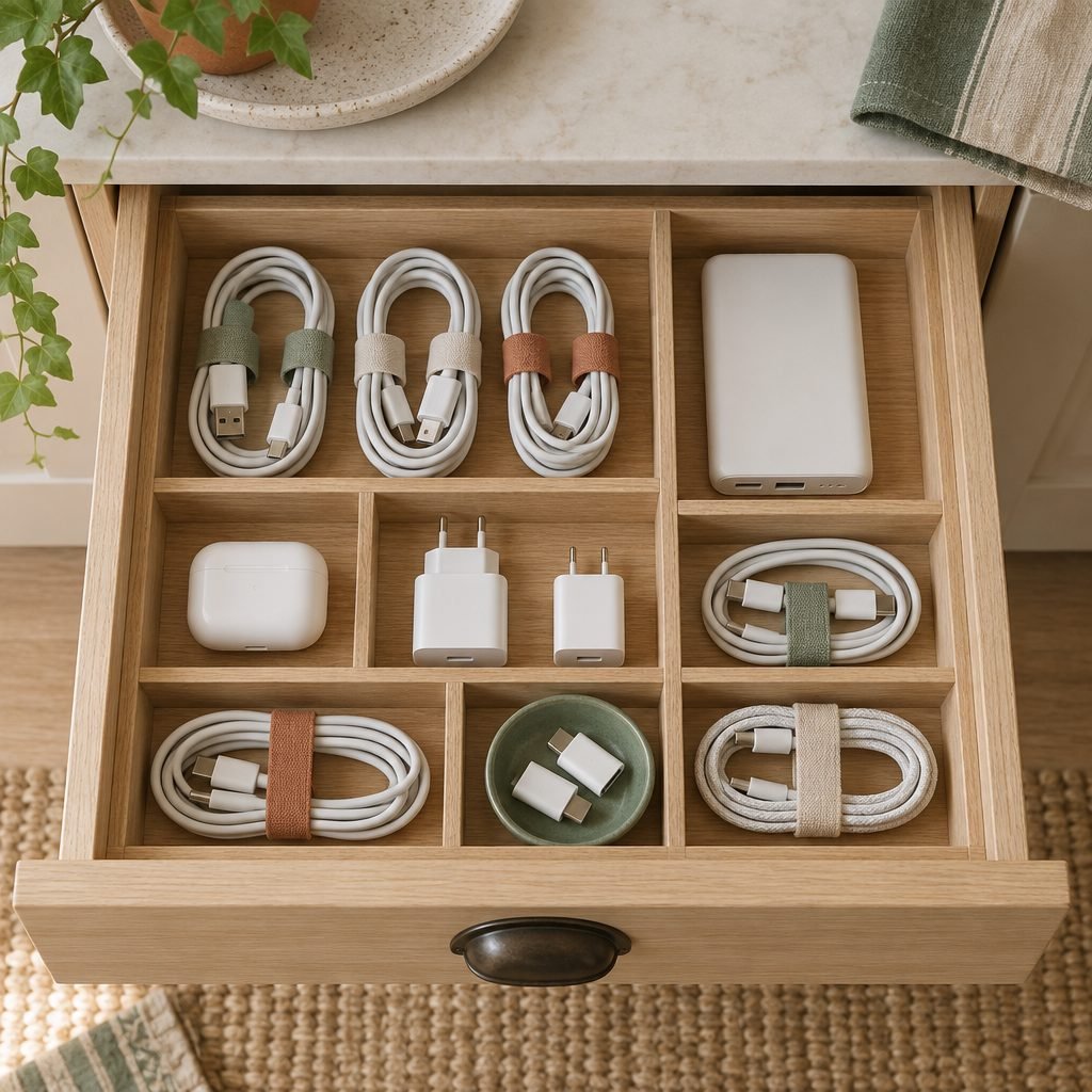 Charging drawer with white cables coiled and held by fabric ties in oak compartments, a power bank, an earbuds case, wall plugs and a small dish of adapters