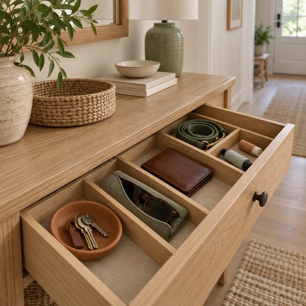 Entryway console table drawer with oak dividers holding keys in a terracotta dish, sunglasses in a soft case, a leather wallet, a rolled dog leash, lip balm and hand cream