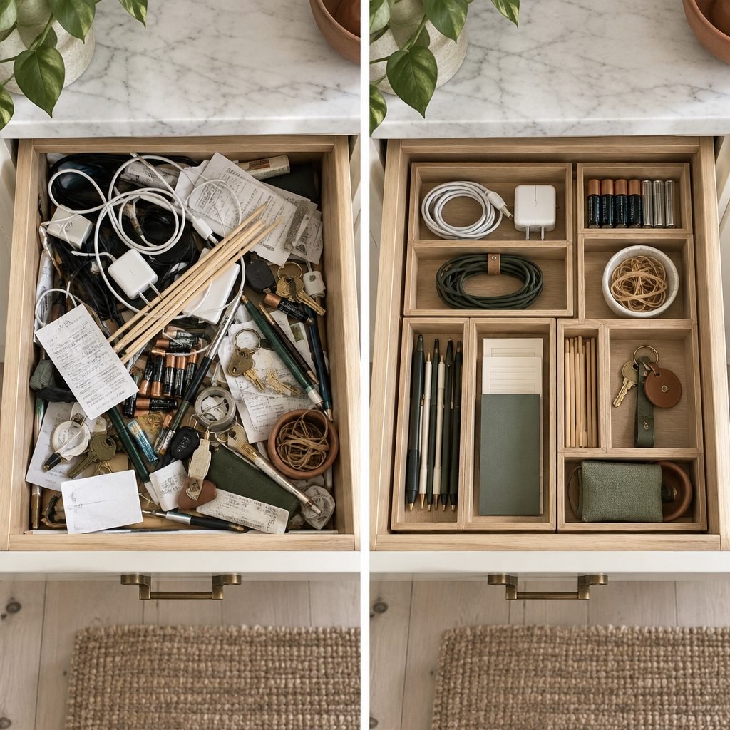 Junk drawer before and after: a jumbled drawer of tangled cords, loose batteries, receipts, chopsticks and keys next to the same drawer organized with oak trays