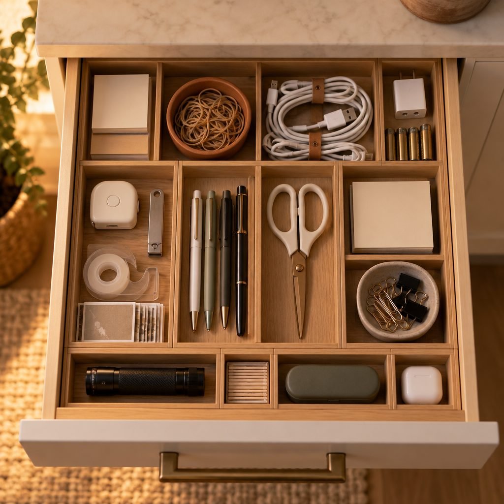 Top-down view of a junk drawer zoned with modular wooden trays: paper and tape on one side, pens and scissors in the middle, cables and chargers at the back and a flashlight in a long front tray
