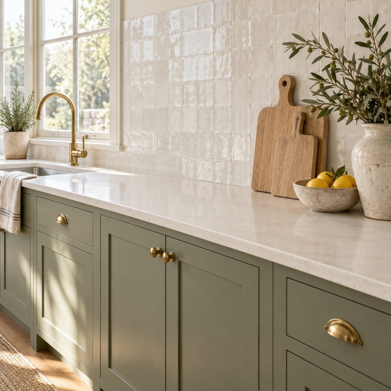 Kitchen counter styled at one end with oak cutting boards, a bowl of lemons and a vase of olive branches