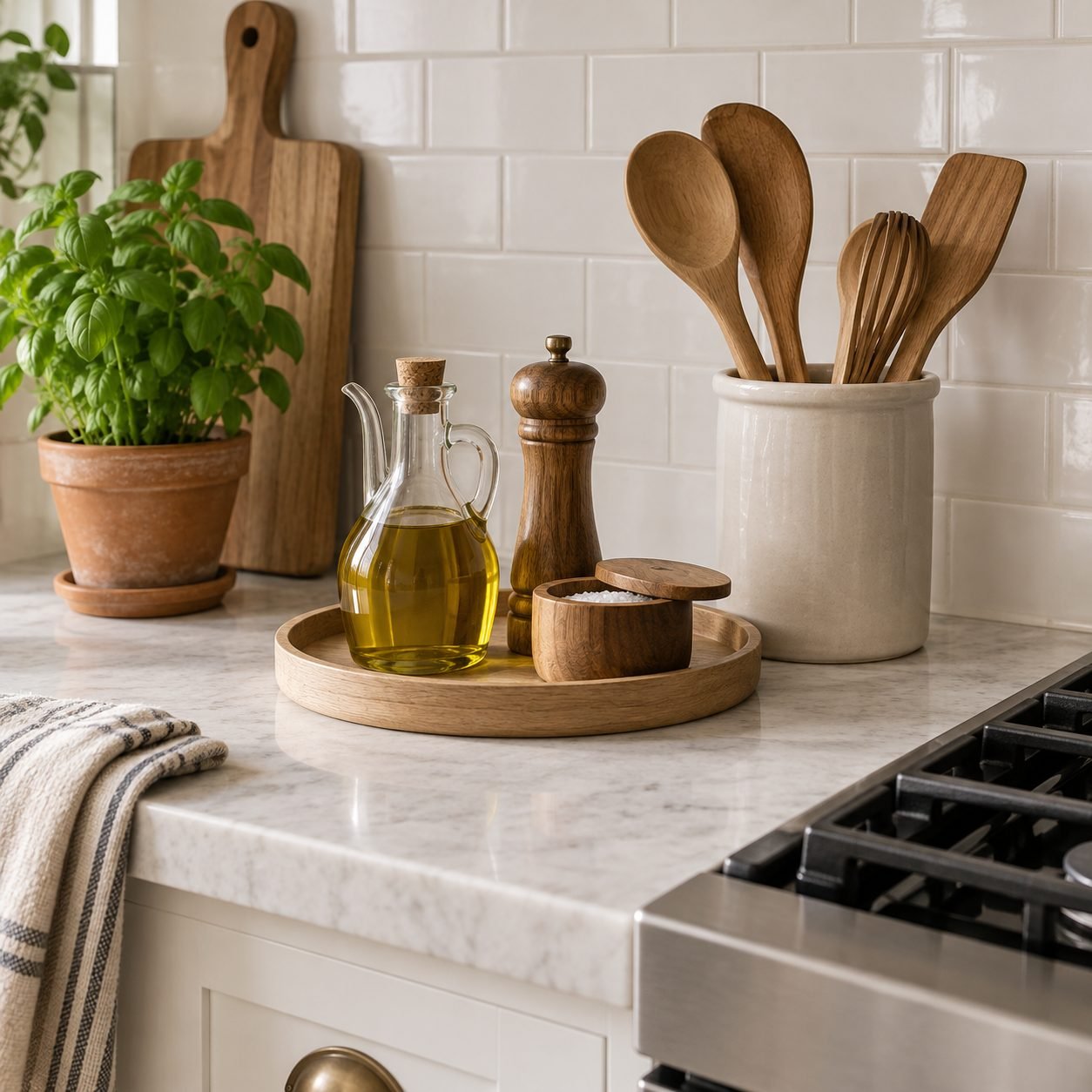 White oak tray next to a stove holding a glass olive oil cruet, a wooden pepper mill and a lidded salt box, with a cream crock of wooden spoons, a cutting board and a potted basil plant