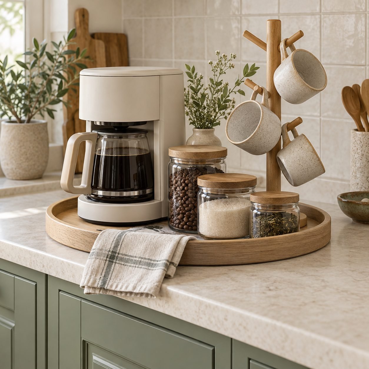 Coffee corner on a round oak tray with a plain cream coffee maker, glass jars of coffee beans, sugar and tea, a wooden mug tree with speckled mugs and a folded linen towel