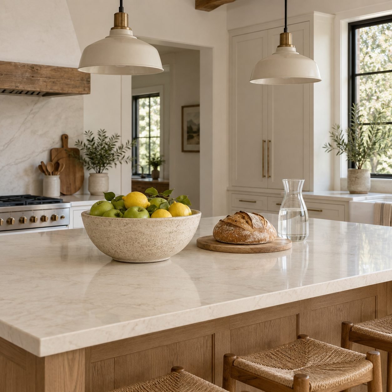 Kitchen island with a cream stone top kept almost clear: a stoneware bowl of green apples and lemons, a loaf of sourdough on a round wooden board and a glass carafe of water under two pendant lights