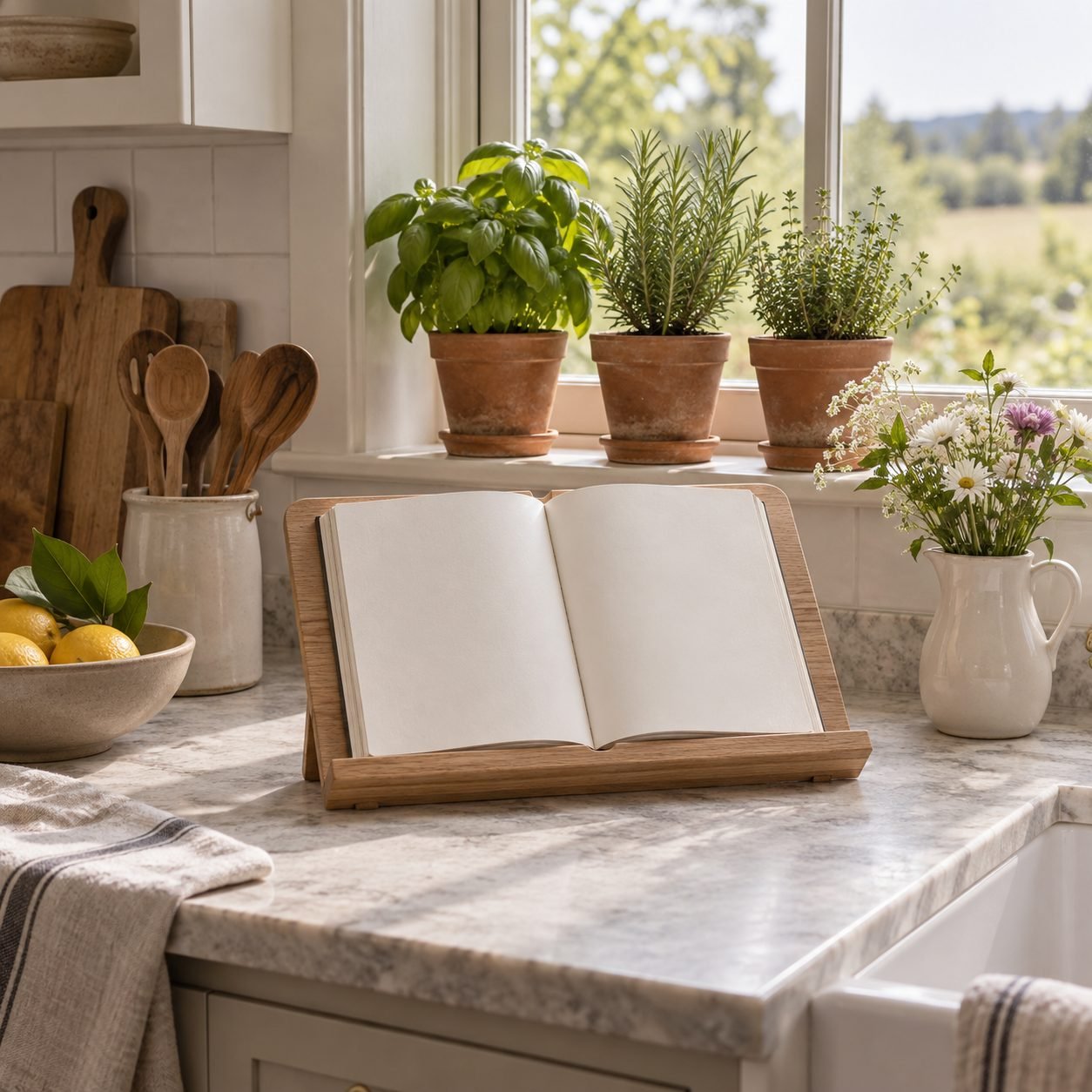 Oak cookbook stand holding an open book by a sunny window, with basil, rosemary and thyme in terracotta pots, a pitcher of wildflowers, a bowl of lemons and a crock of wooden spoons