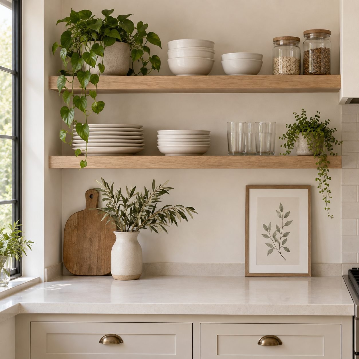 Two white oak floating shelves with stacked plates and bowls, glasses, jars and trailing plants above a cream counter styled with a cutting board, a vase of olive branches and a framed botanical print