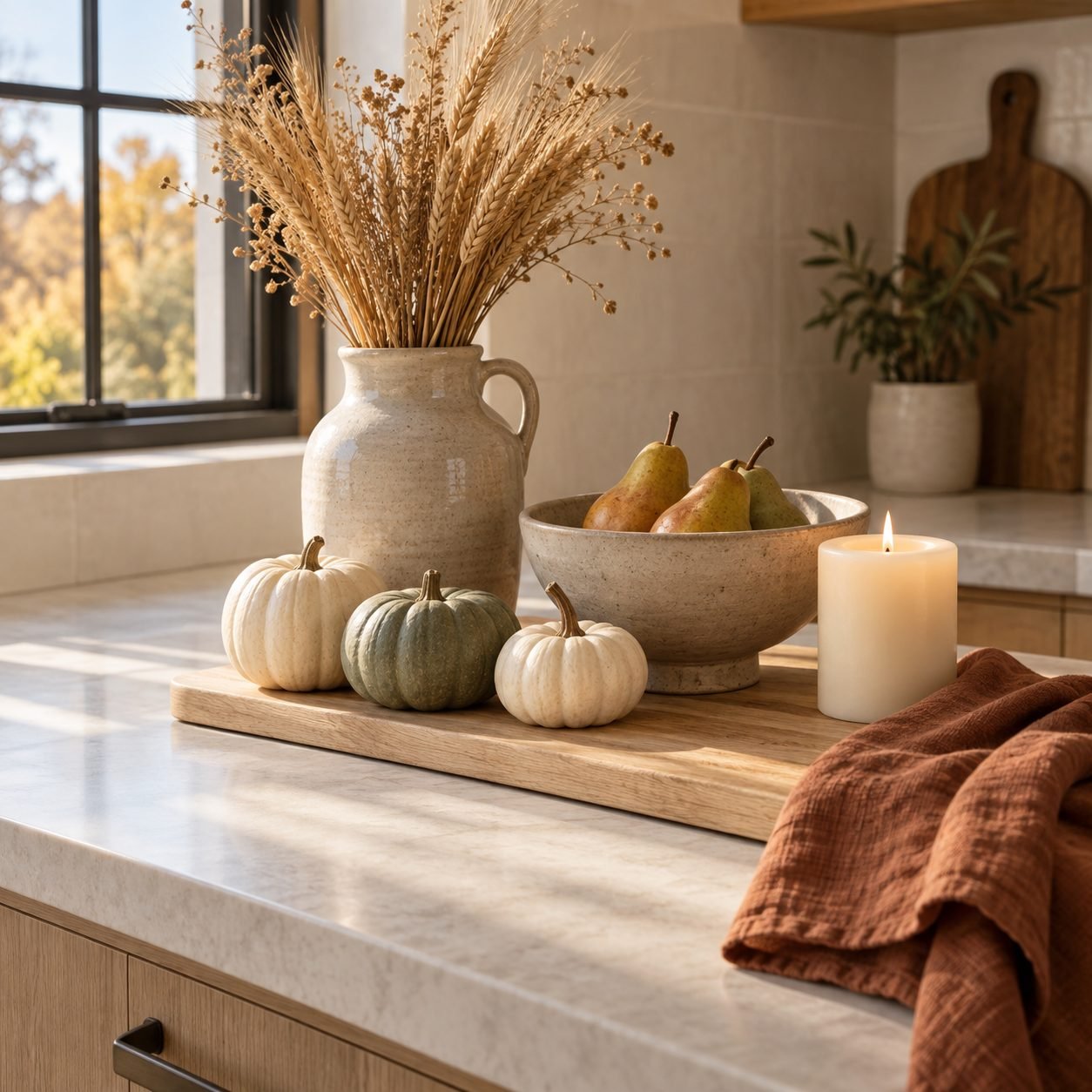 Fall kitchen counter decor on an oak board: white and sage mini pumpkins, a stoneware jug of dried wheat, a bowl of pears and a flameless pillar candle, with a rust linen towel nearby