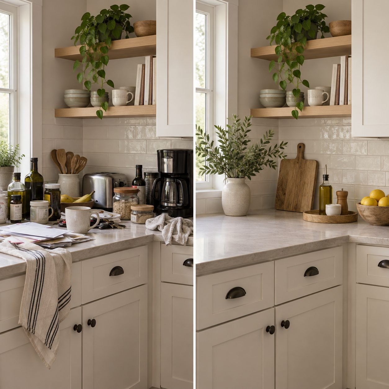 Kitchen counter before and after: mail, bottles, a toaster, a coffee maker and towels crowding the counter, then the same corner styled with a vase of greenery, a cutting board, an oil and pepper tray and a bowl of lemons
