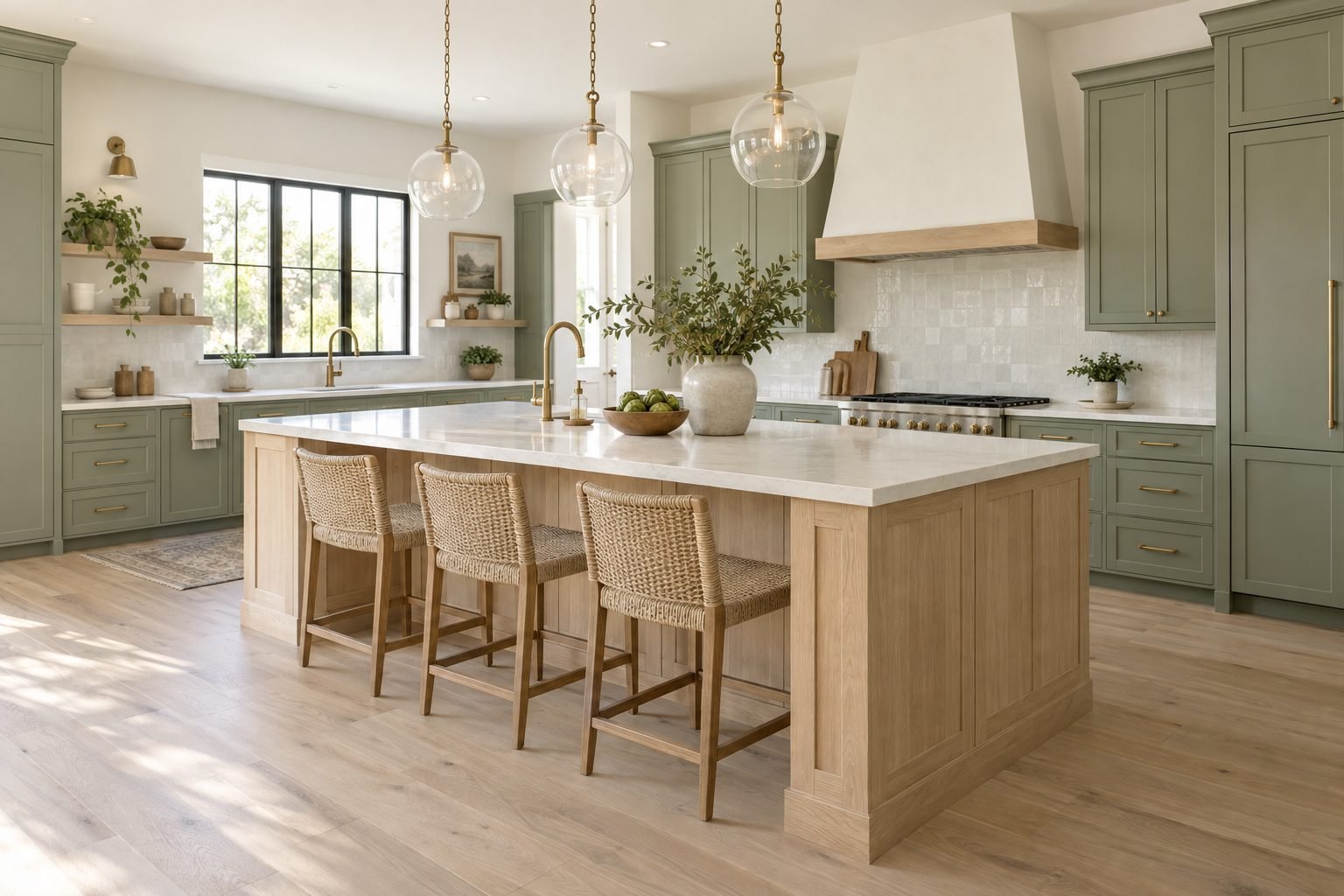 Large white oak kitchen island with a quartz top, three woven counter stools, sage green cabinets and glass pendant lights
