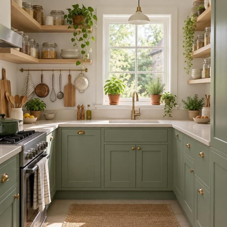 Kitchen storage ideas in a small kitchen with white oak open shelves, glass jars, a wall rail with utensils and sage green shaker cabinets