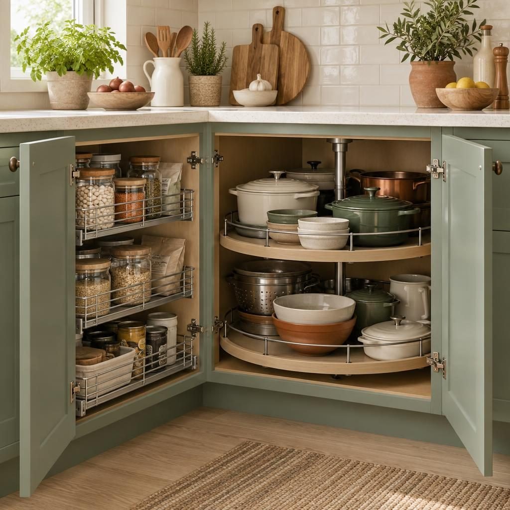 Corner kitchen cupboard with pull-out wire baskets and a two-tier lazy Susan holding pots, bowls and dry goods