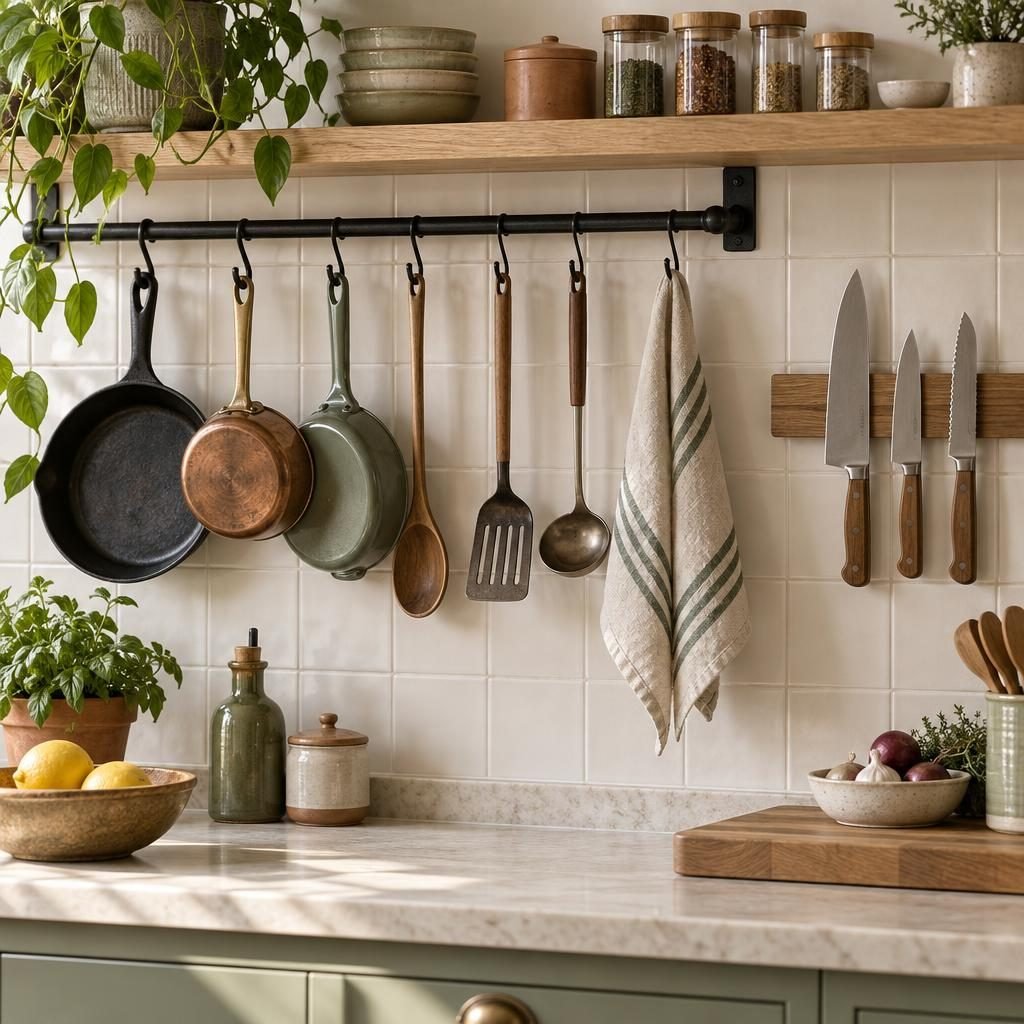 Kitchen wall storage with a metal rail and S-hooks holding pans and utensils, a magnetic knife strip and a small shelf of spice jars