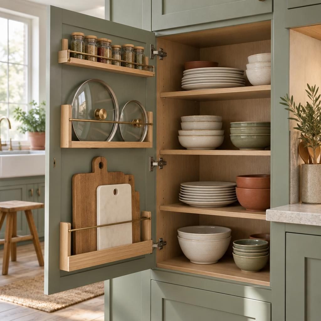 Inside of a kitchen cupboard door fitted with slim racks for pot lids, cutting boards and spice jars next to shelves of plates and bowls