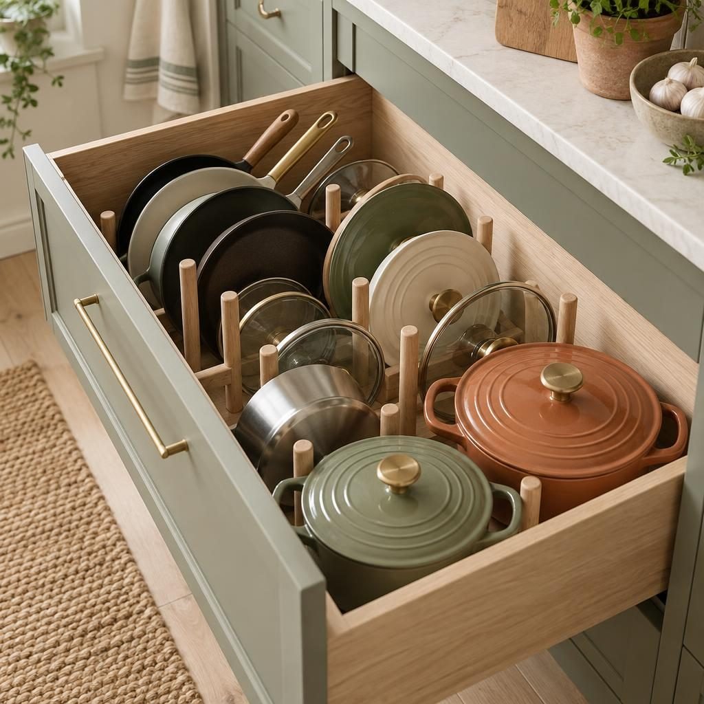 Deep kitchen drawer holding pots, pans and lids upright between adjustable wooden peg dividers
