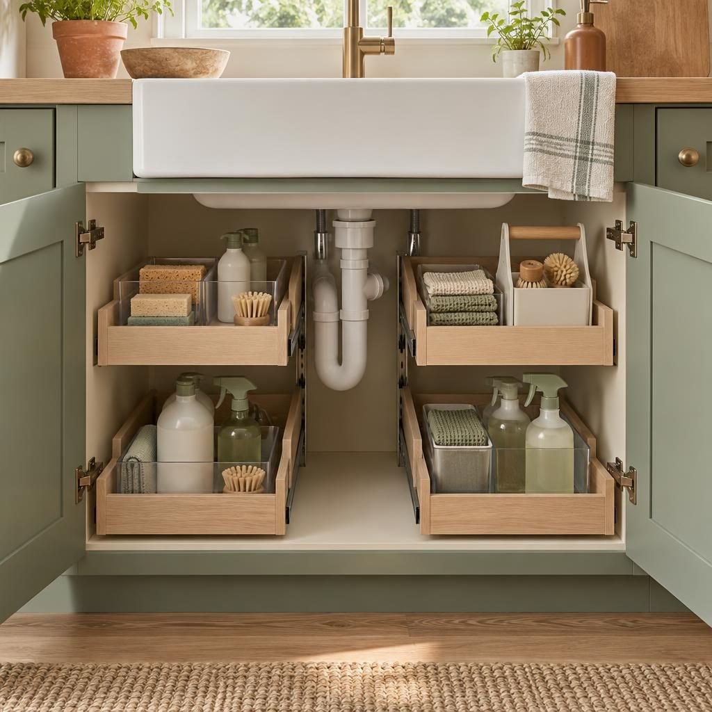 Under-sink kitchen cupboard with two sliding pull-out drawers around the pipes holding sponges and cleaning bottles