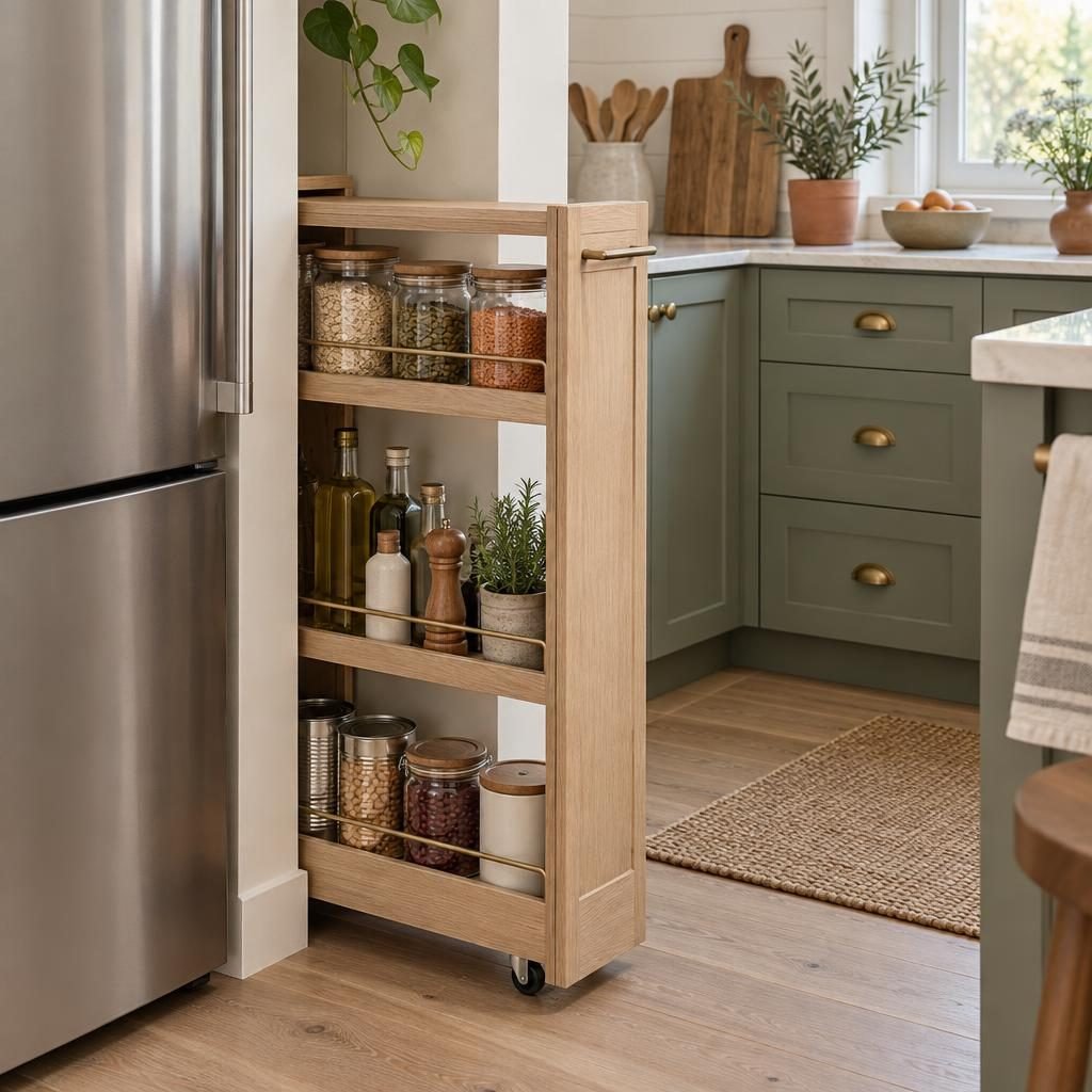 Slim rolling pantry cart pulled out from the gap between a fridge and a wall with jars, oils and canned goods