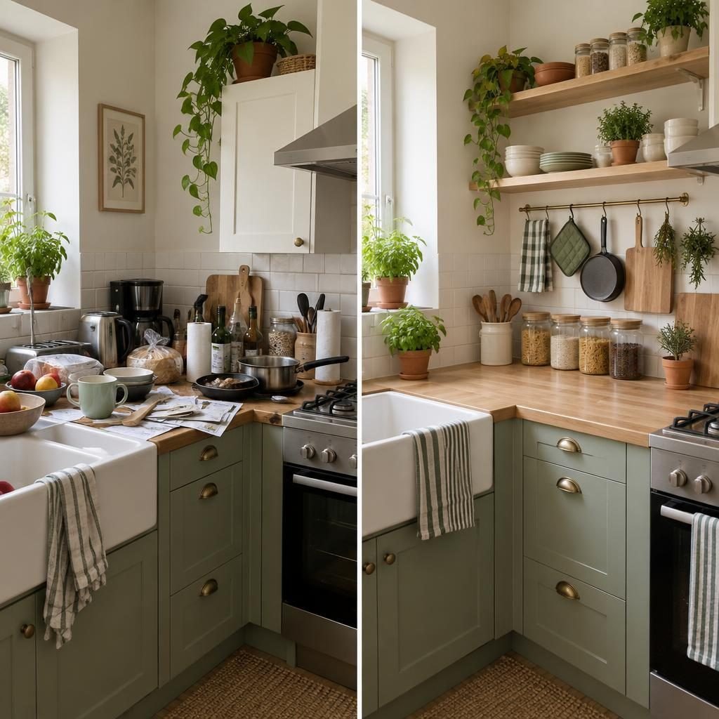 Small kitchen before and after: cluttered countertop with appliances and mixed jars next to the same kitchen with open shelves, a wall rail and a clear counter