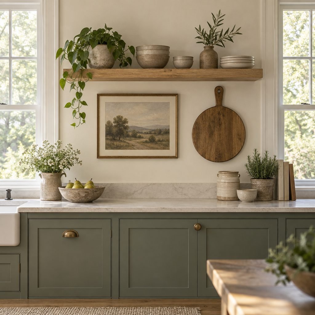Kitchen wall between two windows with an oak floating shelf of stoneware bowls, plates and a trailing plant, a framed landscape print and a round wooden board hanging below, above sage green cabinets and a styled counter