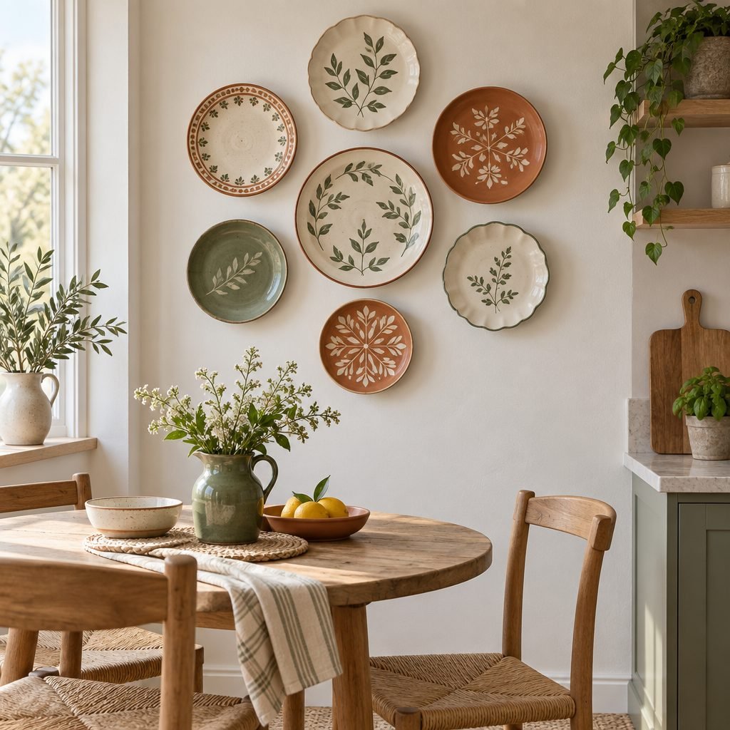 Seven decorative ceramic plates in cream, sage and terracotta with leaf patterns hung in a loose oval above a round wooden breakfast table with rush chairs, a jug of flowers and a bowl of lemons