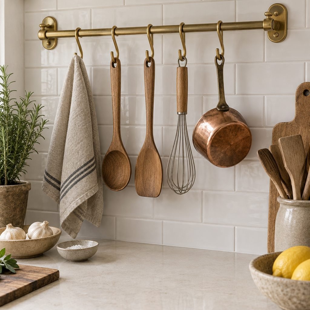 Brass rail on a white subway tile backsplash with S-hooks holding a linen towel, two wooden spoons, a whisk and a small copper pot above a cream counter with garlic, salt and lemons