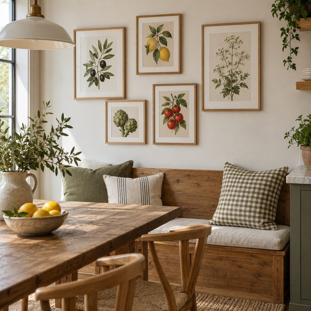 Gallery wall of five oak-framed botanical prints of olives, lemons, artichokes, tomatoes and wildflowers above a wooden bench with cushions and a rustic dining table