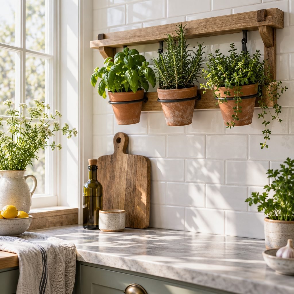 Wooden wall planter holding terracotta pots of basil, rosemary and thyme on a white tile wall by a sunny window, with a cutting board, olive oil and a jug of flowers on the counter below