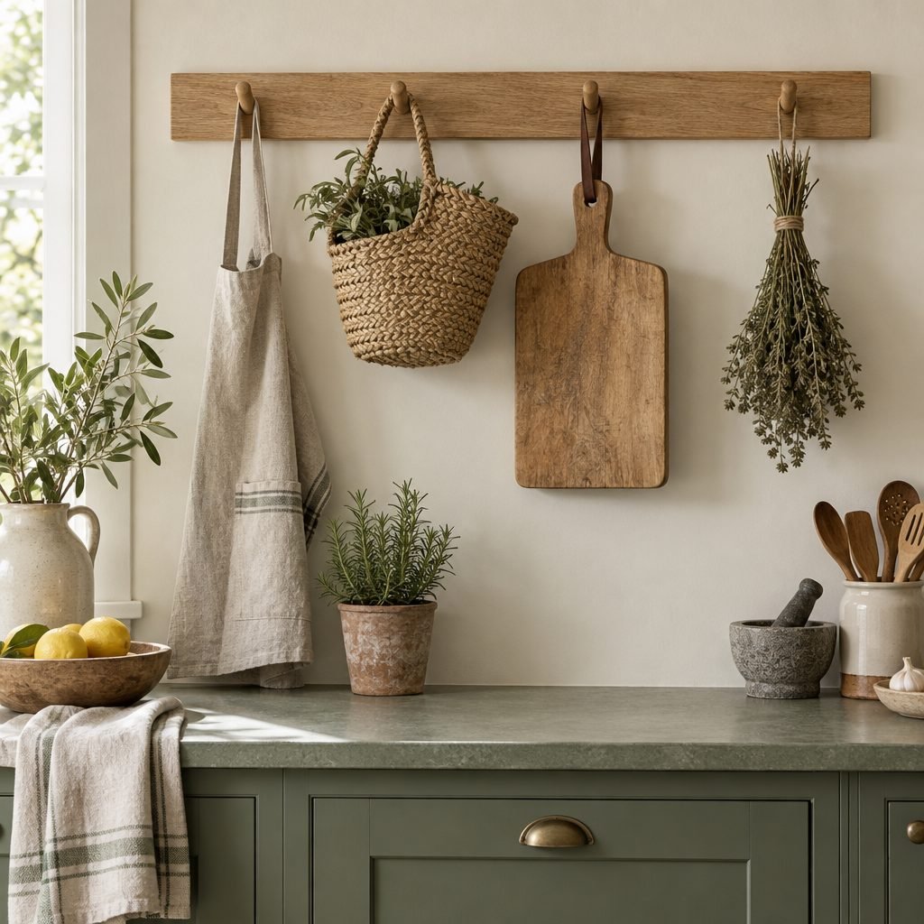 Oak peg rail on a cream kitchen wall holding a linen apron, a woven basket, a cutting board on a leather strap and a bundle of dried herbs above a sage green counter