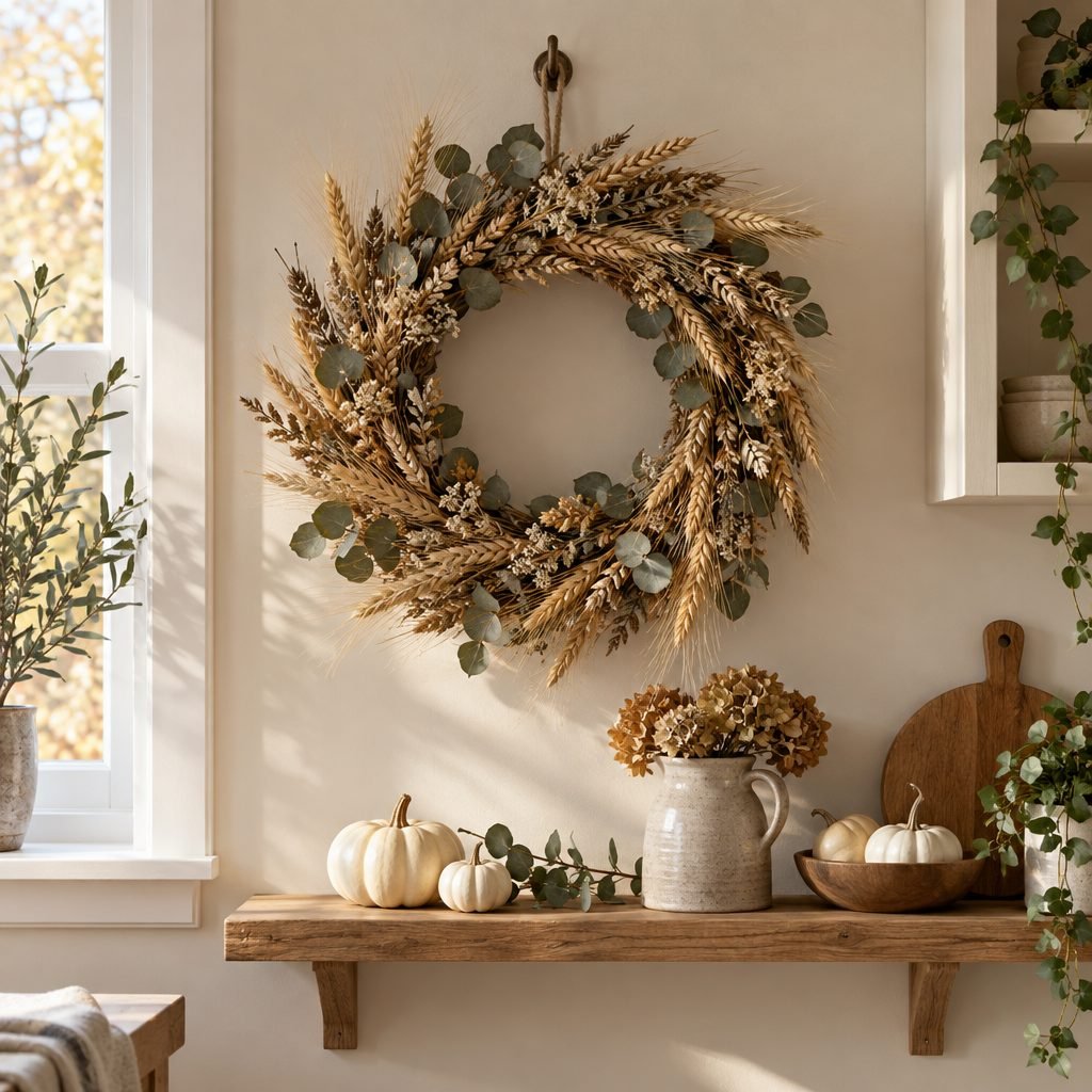 Dried wheat and eucalyptus wreath hanging on a kitchen wall above a rustic wooden shelf with white mini pumpkins, a stoneware jug of dried hydrangeas and a wooden bowl