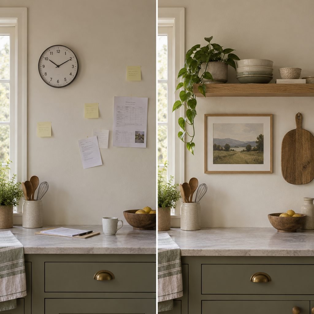 Kitchen wall before and after: a plain clock with sticky notes and papers taped to a bare wall, then the same wall with an oak floating shelf of bowls and a trailing plant, a framed landscape print and a hanging wooden board