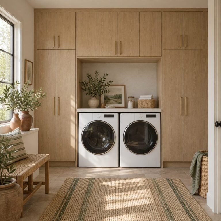 Laundry room cabinet ideas: a full wall of white oak cabinets with a built-in nook for a side-by-side washer and dryer under a counter