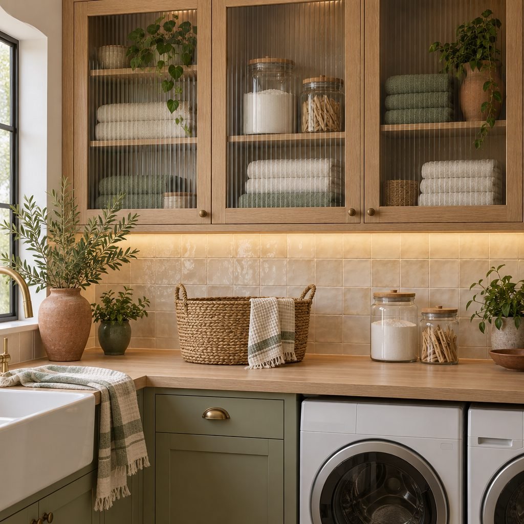 Laundry room upper cabinets with reeded glass doors holding folded towels and jars, with under-cabinet lighting above a wood counter