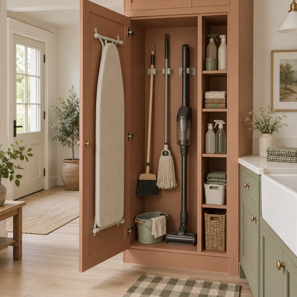 Tall terracotta broom cabinet in a laundry room with a broom, mop and stick vacuum clipped inside and an ironing board on the door