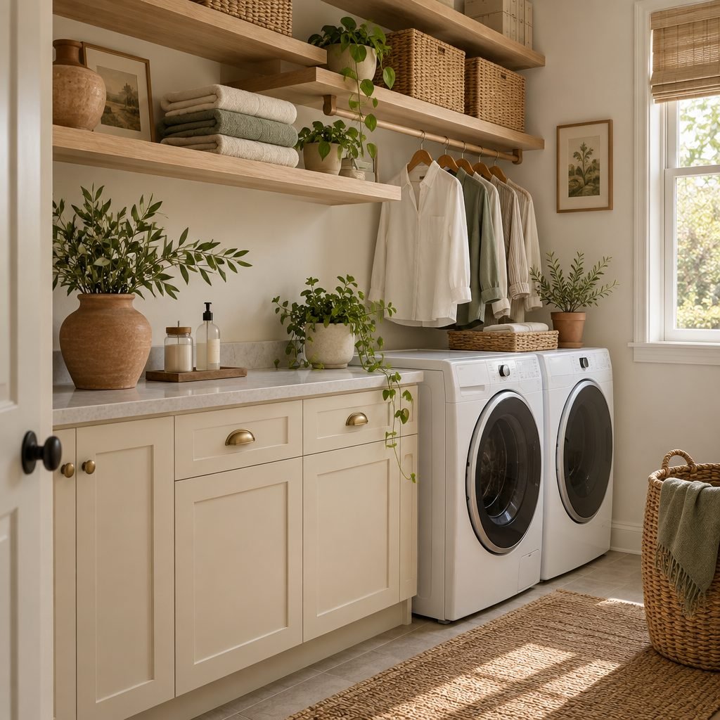 Cream shaker base cabinets beside a washer and dryer with open oak shelves and a hanging rod for shirts above