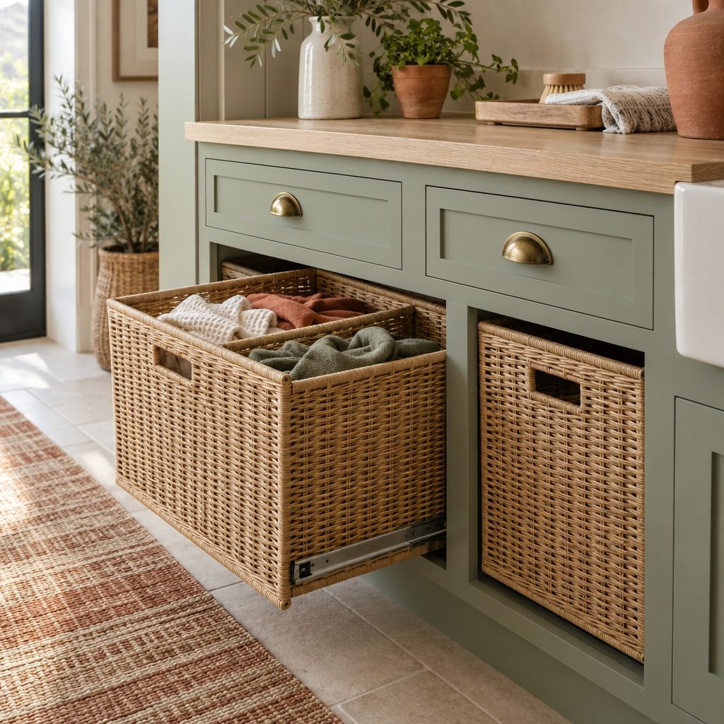 Sage green laundry base cabinet with pull-out wicker hamper baskets on drawer slides for sorting laundry