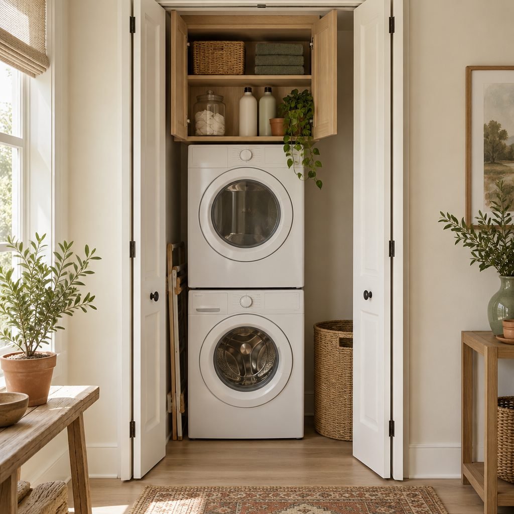 Laundry closet with a stacked washer and dryer and a shallow oak wall cabinet above holding spare towels and dryer sheets