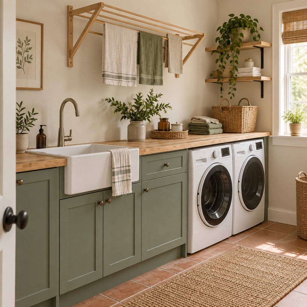 Budget laundry room with sage green flat-pack base cabinets, a butcher block counter, a farmhouse sink and a wall drying rack
