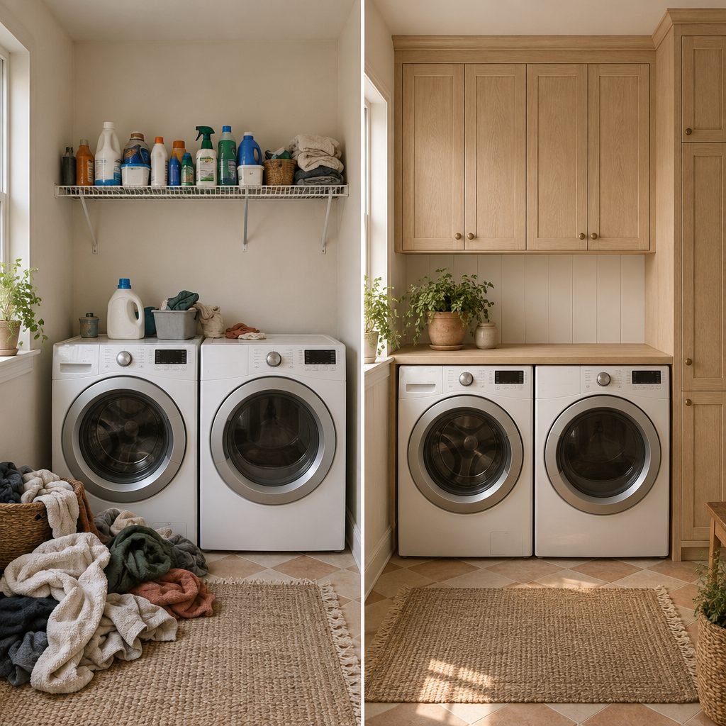 Before and after laundry room: a cluttered wire shelf above two machines replaced by oak wall cabinets, a counter and a tall cabinet
