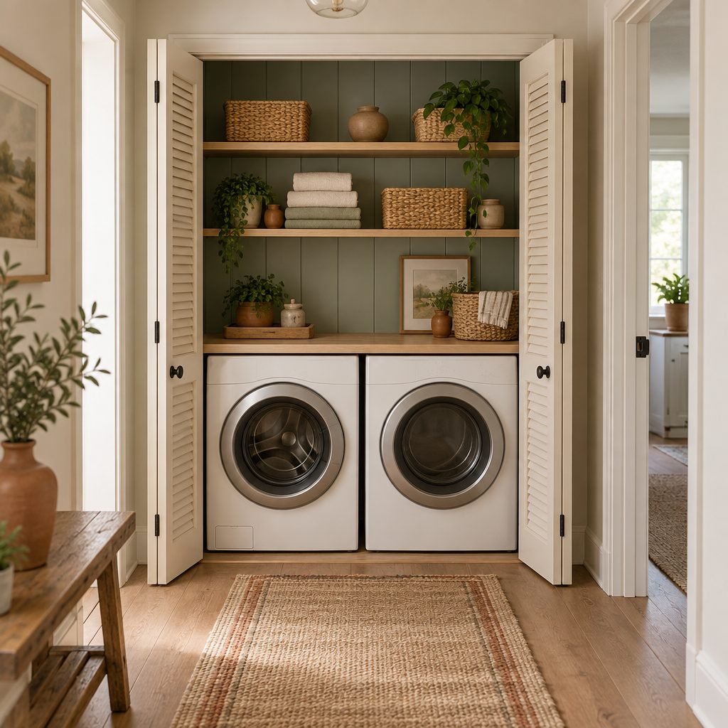 Laundry closet ideas: a hallway laundry closet with cream louvered double doors open, a front-loading washer and dryer under a white oak counter and oak shelves with baskets on a sage green wall