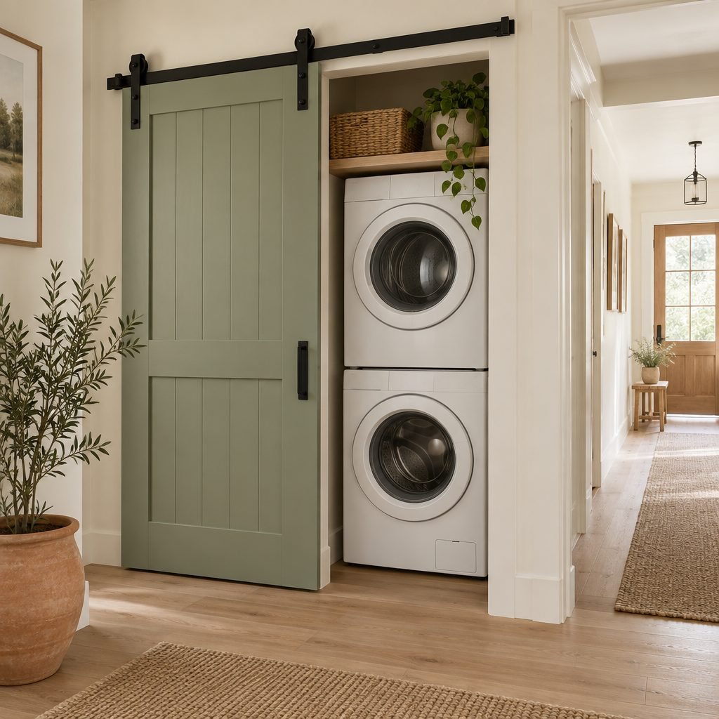 Hallway laundry closet with a sage green sliding barn door pulled aside to show a stacked front-loading washer and dryer under an oak shelf with a basket and a plant