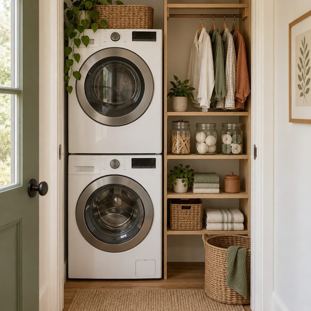 Narrow laundry closet with a stacked front-loading washer and dryer beside a column of white oak shelves holding jars, folded towels, a basket and a hanging rod with shirts