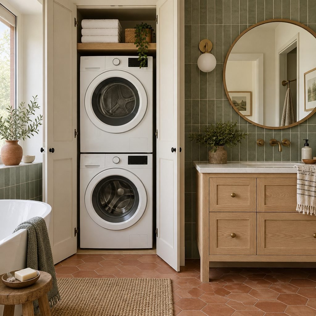 Bathroom laundry closet with cream cabinet doors open on a compact stacked front-loading washer and dryer, an oak shelf of towels above, beside a white oak vanity and sage green tile