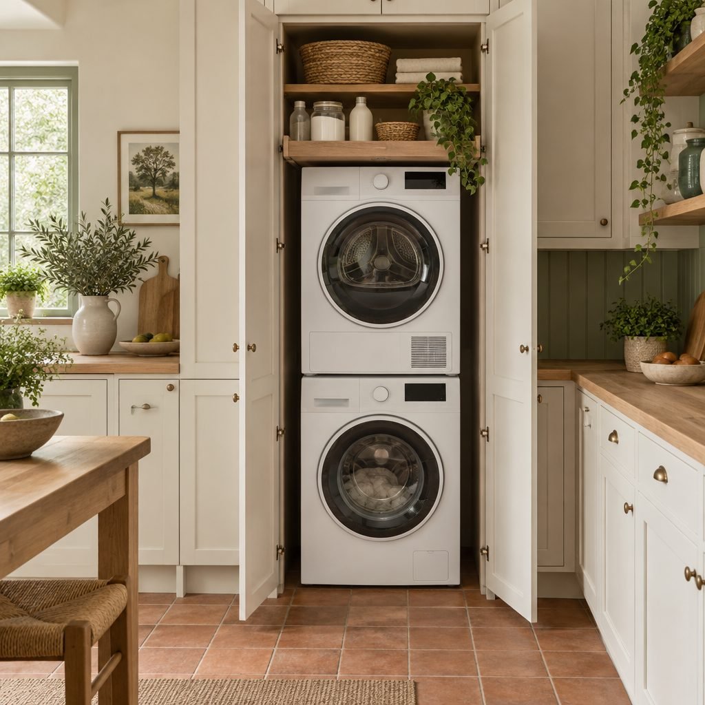 Kitchen laundry closet: a tall cream pantry-style cabinet with doors open on a stacked front-loading washer and dryer and a pull-out oak shelf for supplies, between kitchen cabinets