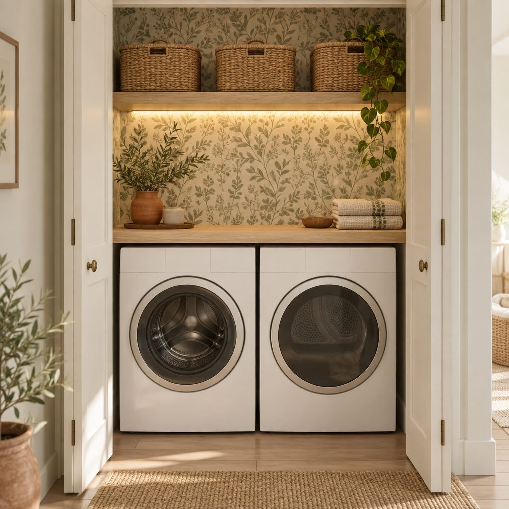Reach-in laundry closet lined with sage botanical wallpaper, a warm LED strip under an oak shelf of woven baskets, and a front-loading washer and dryer under a white oak counter