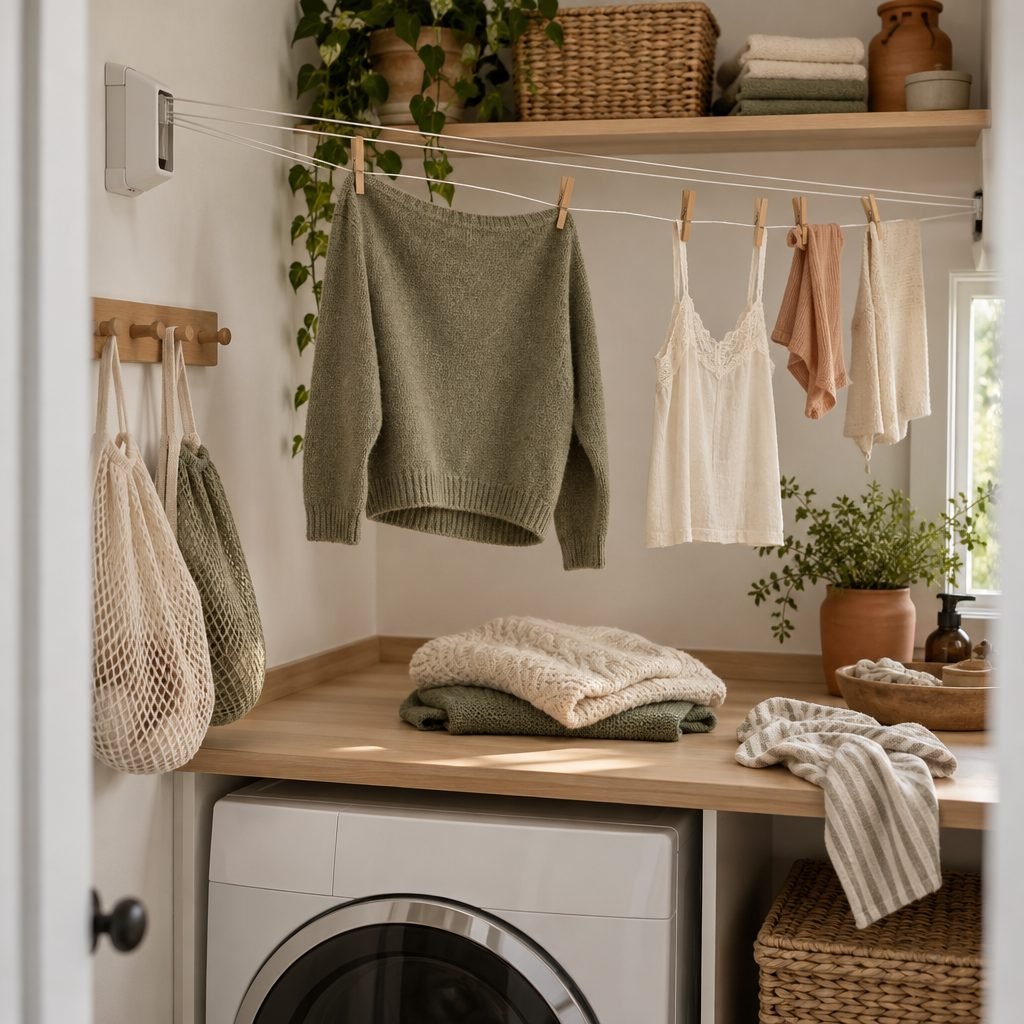 Retractable clothesline pulled across a laundry closet with a sweater and delicates drying on wooden pegs, mesh wash bags on an oak peg rail and a white oak counter above a front-loading machine