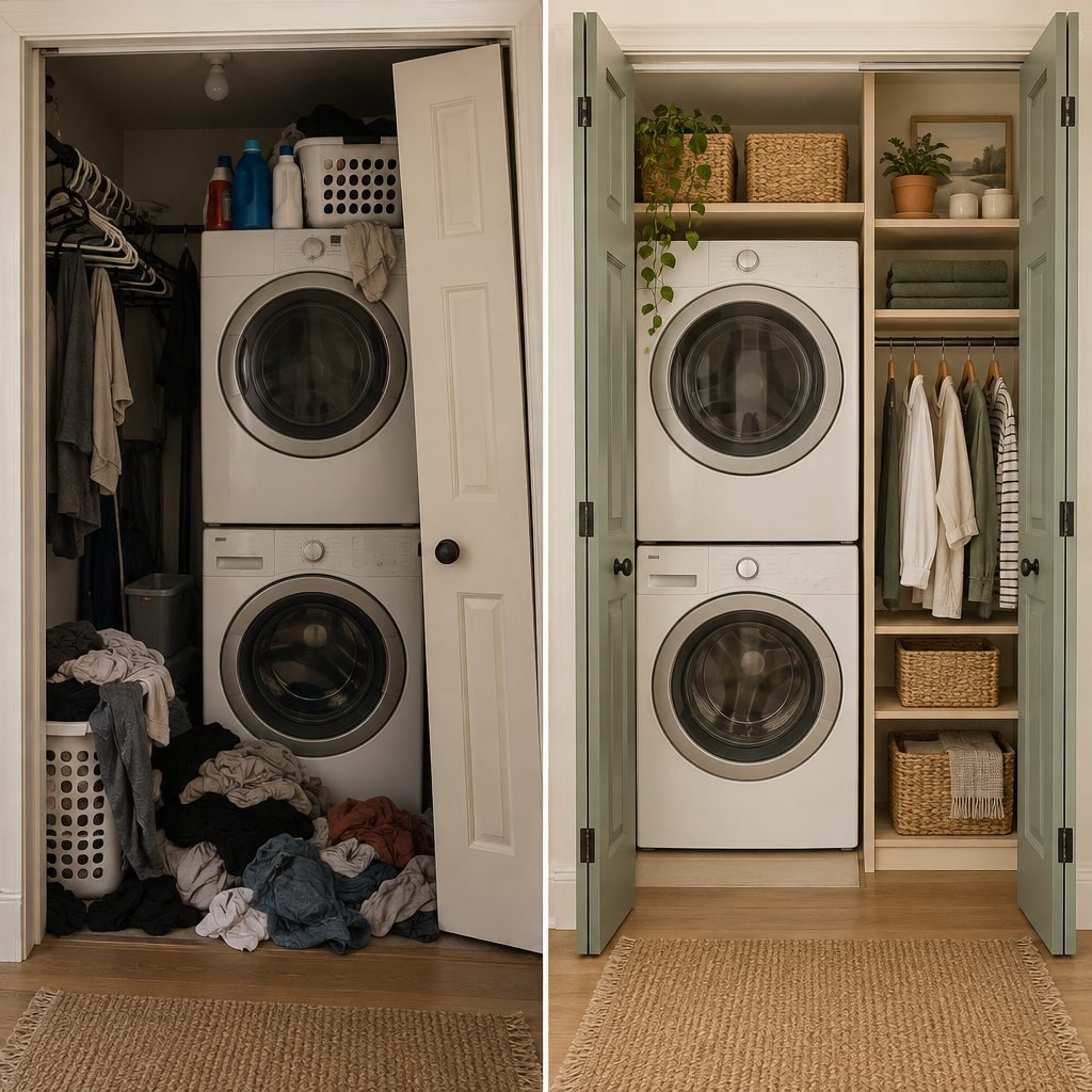 Laundry closet before and after: a dim closet with clothes piled on the floor and bottles on top of a stacked washer and dryer next to the same closet with sage bifold doors, oak shelves, baskets and a hanging rod