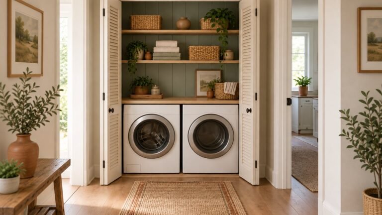 Laundry closet ideas: hallway laundry closet with louvered doors open on a front-loading washer and dryer under shelves